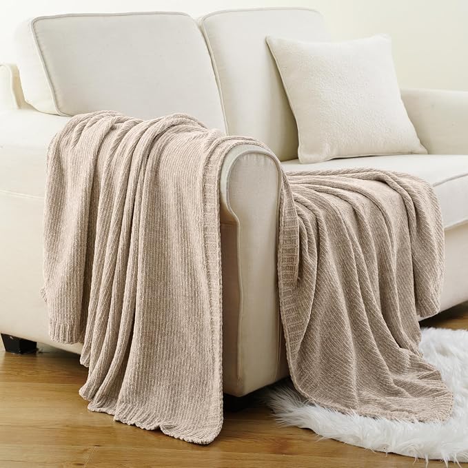 Beige Throw Blanket for Couch, Soft Chenille Throw Blanket 51"x67" | Shiny Oatmeal Chenille Blanket, Breathable & Midweight Knit Throw Blanket, Neutral Throw for Bed Sofa Home Decor