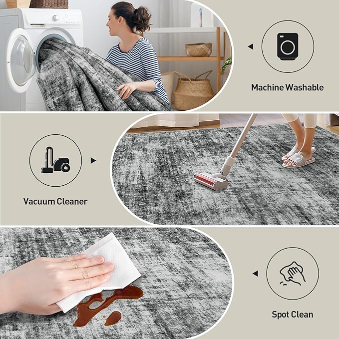 2'6''x8' Runner Rugs Washable Rug: Modern Abstract Hallway Black Carpet | Non-slip TPE backing makes this washable soft low-pile rug safe & durable, Pet-friendly decor for dining room,nursery,office