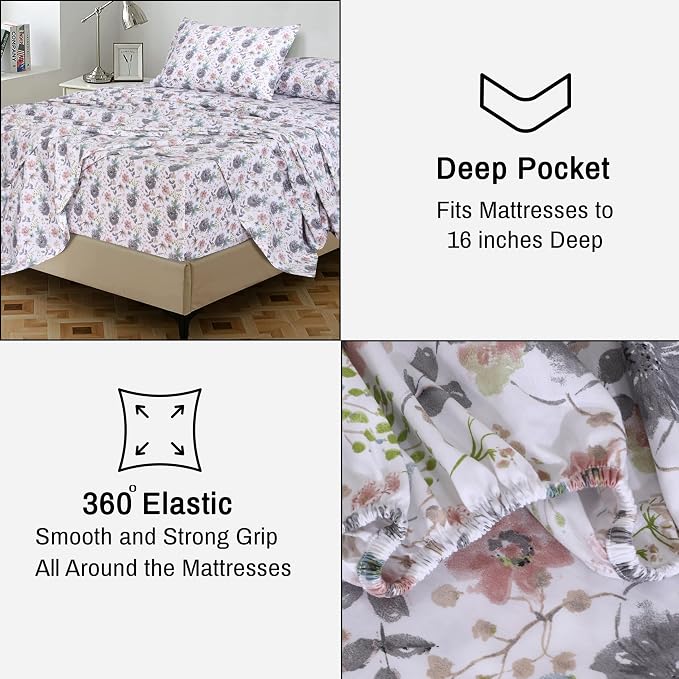 RUVANTI 100% Cotton Percale Sheets King Size, Dandelion Field | Crisp Cooling, Deep Pocket 16", Soft Breathable & Durable, Hotel-Style, 4 Piece Set