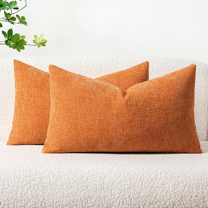 MIULEE Soft Chenille Fall Lumbar Throw Pillow Covers Orange 12x20 Inch | Pack of 2, Modern Fall Decor, Classic Decorative Pillows, Solid Dyed Cases, Couch Cushion Covers for Sofa Bed Living Room