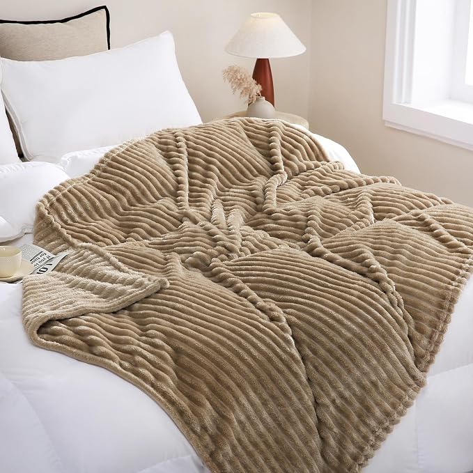 Tan Fleece Throw Blanket 50”×60” for Couch Sofa Livingroom | Super Soft Cozy Plush Microfiber Flannel Bed Blanket Striped Design Lightweight Home Decor Gifts for Adults Mom Women