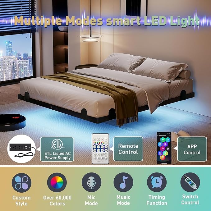 qimamo Floating Queen Bed Frame, 7 Inch Metal Platform Bed with Smart LED Lights & Charging Station, Easy Assembly, No Box Spring Needed