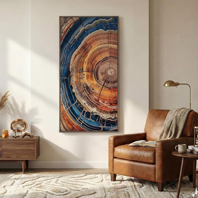 Large Framed Vertical Vintage Tree Ring Wall Art for Living Room, 30x60 In | Rustic, Farmhouse, Nature, Wood grain, Large, Office wall art, Foyer wall decor, Ready to hang, Wood frame, Canvas artwork