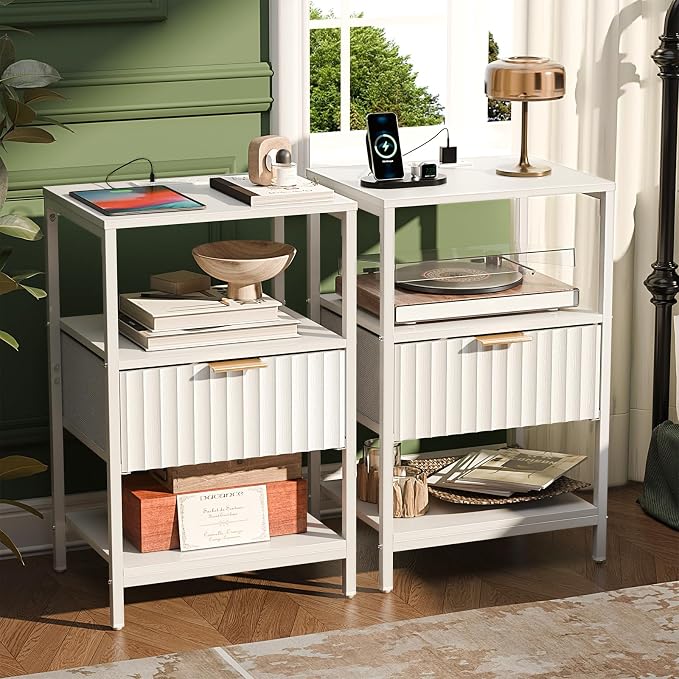 VINGLI Nightstands Set of 2 with Fabric Drawer, White Nightstands with Charging Station, Fluted Night Stand/Bedside Table, Small Night Stand for Bedroom, Bed Side Table with Charging Station, 2 pcs