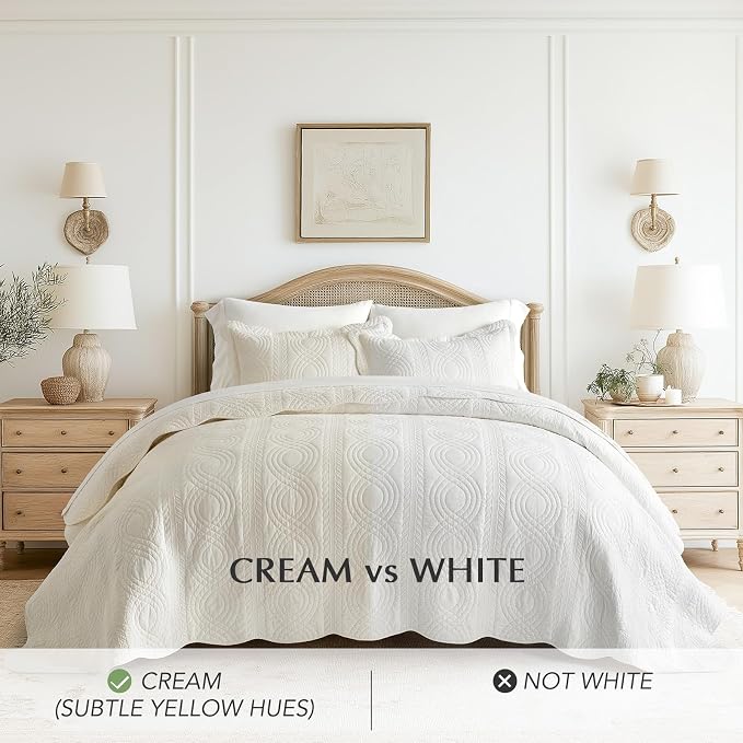 100% Cotton Scallop Quilt Set, King Size, Ivory Cream | Scalloped Border, Timeless Chic Aesthetic, All-Season Comfort, Perfect French Country Bedroom Decor, 3 Piece Set with 2 Shams