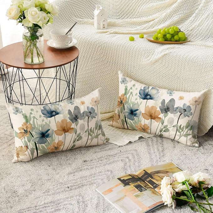 AVOIN colorlife Poppy Chinoiserie Flowers Pillow Covers 12x20 Inch Set of 2 | Light Brown Blue Seasonal Leaves Cushion Case Decoration for Sofa Couch Farmhouse