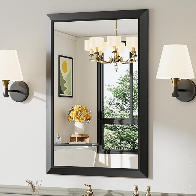 Black Metal Framed Bathroom Wall Mirror, 24x36 Inch | Anti-rust, HD tempered glass, for bathroom vanity, bedroom, living room, horizontal or vertical mount