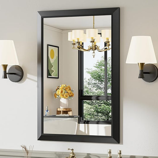 Black Metal Framed Bathroom Wall Mirror, 24x36 Inch | Anti-rust, HD tempered glass, for bathroom vanity, bedroom, living room, horizontal or vertical mount