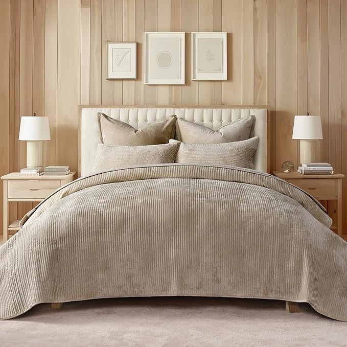 Striped Channel Velvet Quilt Set, King Size, Urban Taupe | Luxurious Soft Lightweight Velvet Comforter, Oversized Bedspread Coverlet, Quilted Bedding Set for All Season, with 2 Shams