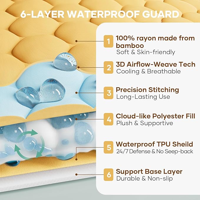 OhGeni 100% Waterproof Mattress Protector,Queen Size Mattress Soft Pad,Pet Hair & Bedwetting Resistant,Cooling Breathable Fitted Sheets,Washable Bed Cover Over 99 pcs Hex Filled Bumps,Yellow