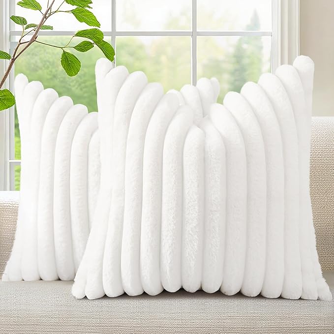 decorUhome Fall Faux Fur Throw Pillow Covers 18x18 Set of 2 White | Decorative Soft Cozy Striped Plush Modern Farmhouse Boho Couch Pillow Cases Velvet Back for Sofa Bed Living Room Home Decor
