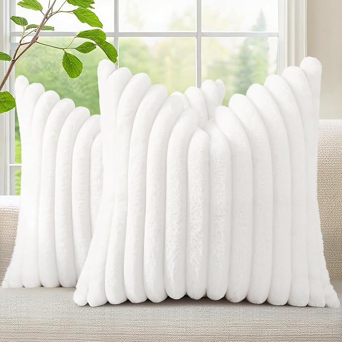decorUhome Fall Faux Fur Throw Pillow Covers 16x16 Set of 2 White | Decorative Soft Cozy Striped Plush Modern Farmhouse Boho Couch Pillow Cases Velvet Back for Sofa Bed Living Room Home Decor