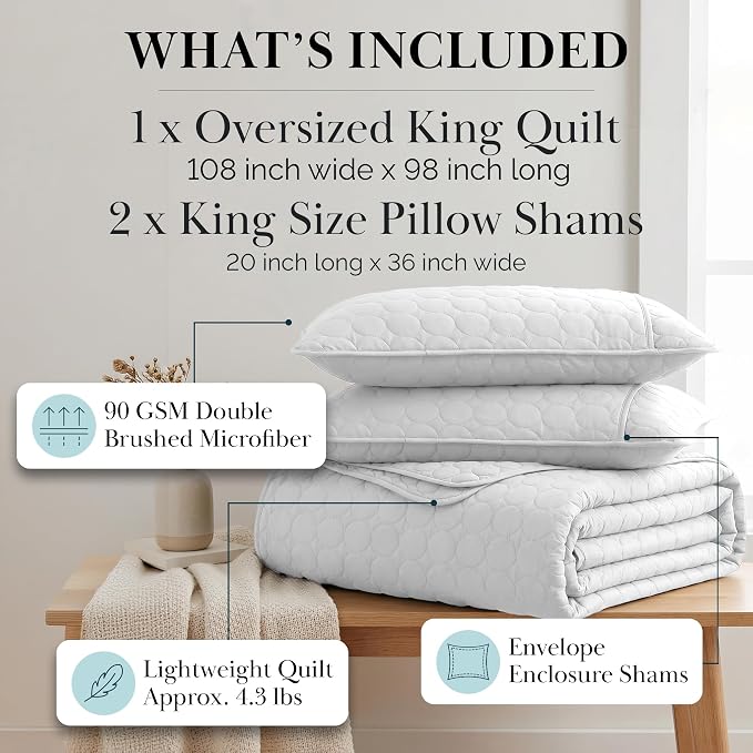 Southshore Fine Living, Inc. King Size White Quilt Bedding Set with 2 Pillow Shams, Quilted Summer King Size Light Weight Bedspread, California King Quilt Coverlet, Bright White
