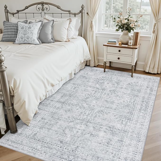 6x9 Area Rugs Living Room: Bedroom Neutral Washable Carpet Gray | Vintage Boho Soft Small Indoor Decor Floor Non-Slip Low Pile Neutral Farmhouse Entryway Laundry Bathroom Bedroom Beside Rugs