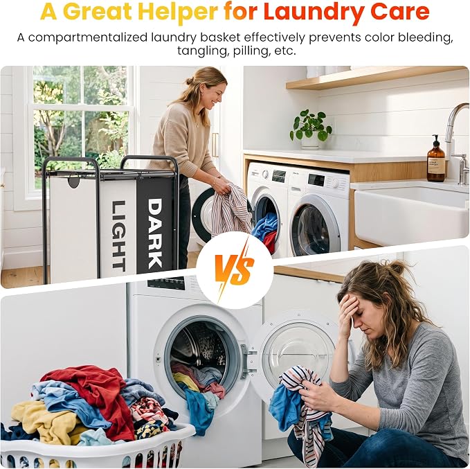 120L Laundry Sorter 2 Section, Rolling Laundry Basket with Wheels ＆ Lid | 31.7 Gal Laundry Hamper, 2 Separated Removable Bags, Dirty Clothes Hamper for Laundry Room, Bedroom, Multicolored