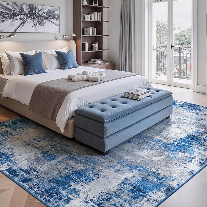 Rugflix 8x10 Area Rugs for Living Room, Washable Blue Grey Large Rug | Machine Washable; Stain-Resistant; Low Pile; Non-Slip; Modern Abstract; Carpet for Bedroom Dining Office Nursery Home
