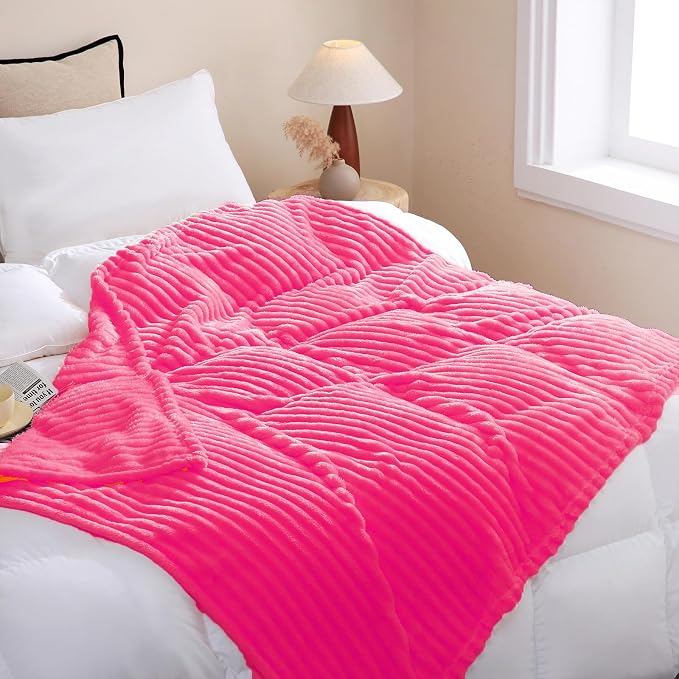 Hot Pink Fleece Throw Blanket 60”×80” for Couch Sofa Livingroom | Super Soft Cozy Plush Microfiber Flannel Bed Blanket Striped Design Lightweight Home Decor Gifts for Adults Mom Women