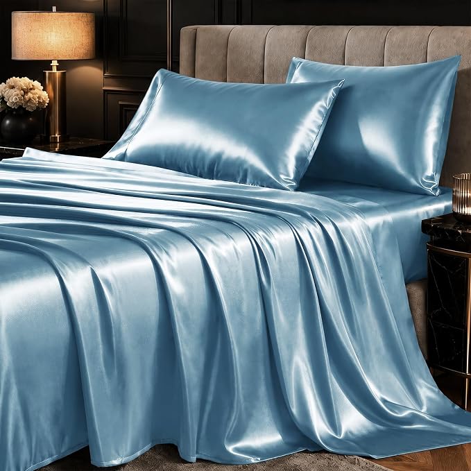 CozyLux Satin Sheets Queen, 4-Piece 14-Inch Deep Pocket Sheet Set | OEKO-TEX Certified Silky Soft Sheet Set for Hair & Skin, Luxurious Silky-Smooth Satin for Elegant Bedroom Decor, Sky Blue