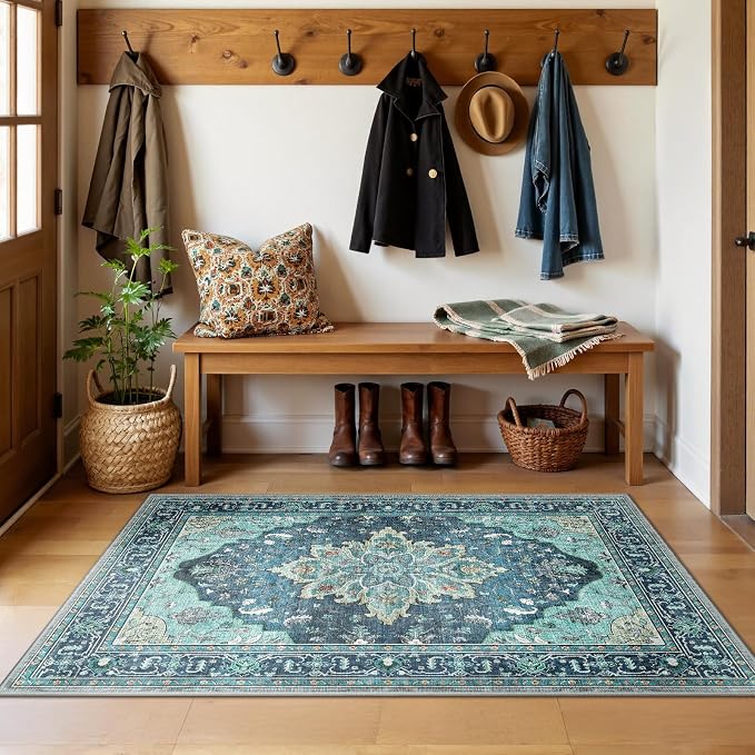 RELEANY Washable Area Rug, 3'x5', Teal | Non-Slip, Water Repellent, Pet Friendly, Easy to Clean, Vintage Floral Boho Decor for Living Room Bedroom Beside Kitchen