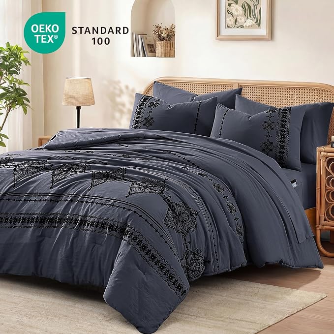 MaiRêve Full Size Comforter Set Embroidery Floral 7 Pieces Bed in a Bag | Crown Blue Boho Farmhouse Bedding Sets with Comforter, Sheets, Pillowcases & Shams