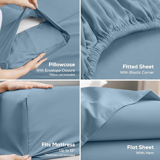 Queen Sheets Set, 4 Pieces 16" Deep Pocket Hotel Luxury Sheets, Dutch Blue | Extra Soft Bedsheet Set, Comfy & Breathable Cooling Sheets, Wrinkle & Fade Resistant, Fitted Sheet, Flat Sheet, 2 Pillowcases