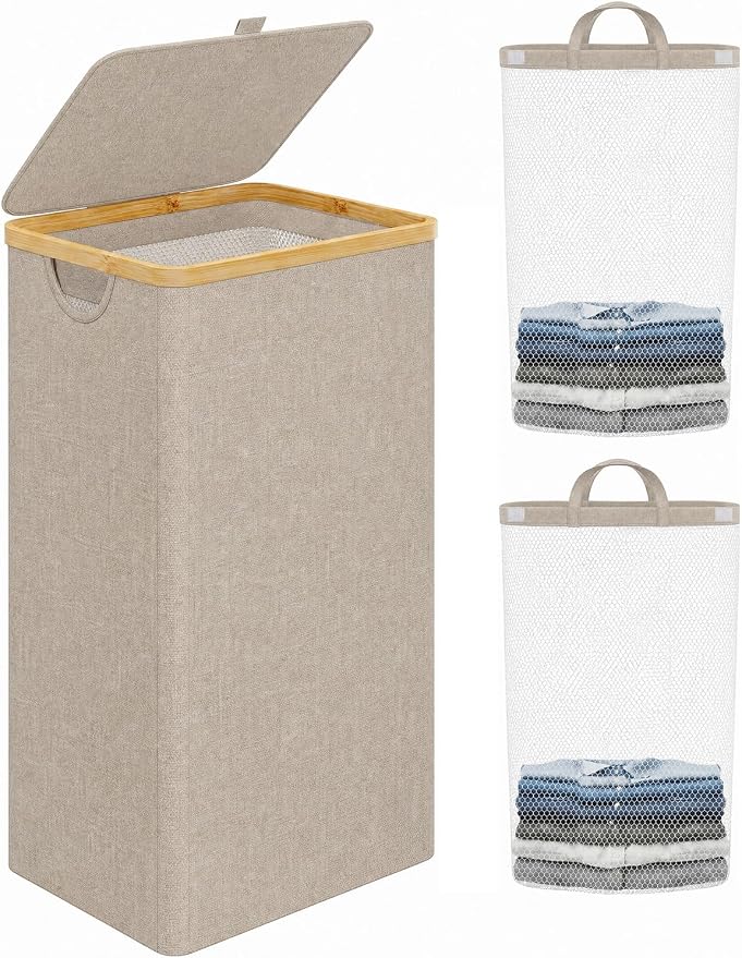 IEGrow Laundry Hamper with Lid,110L Laundry Basket with 2 Mesh Bags,Oatmeal | Dirty Clothes Hamper Basket with Bamboo Handle for Clothes Towels