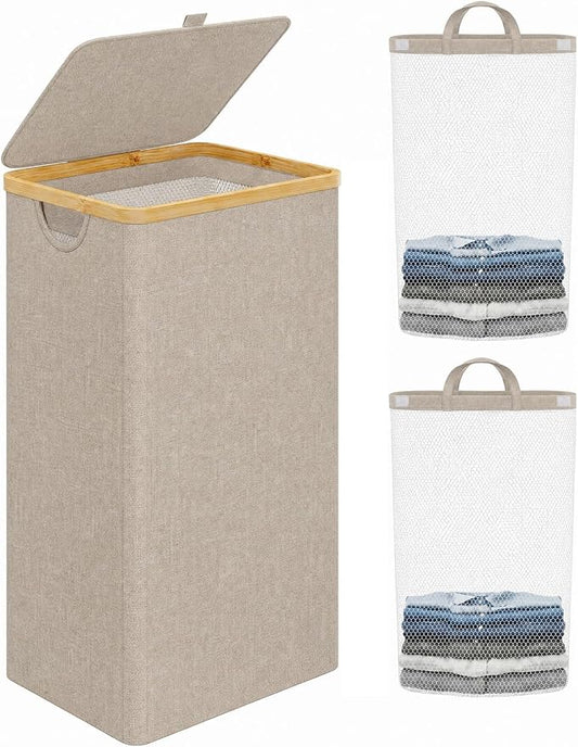 IEGrow Laundry Hamper with Lid,110L Laundry Basket with 2 Mesh Bags,Oatmeal | Dirty Clothes Hamper Basket with Bamboo Handle for Clothes Towels