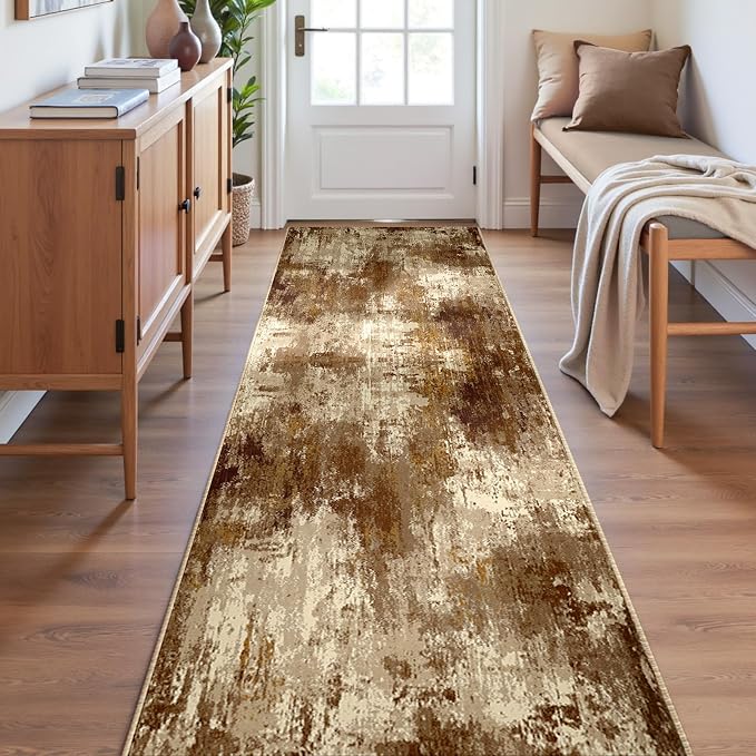 RELEANY Washable Runner 2'x6' Abstract Area Rug for Hallway Brown Tan | Carpet for Kitchen, Entryway, Bathroom, Living Room, Bedroom, Printed Pattern, Non‑Slip, Soft, Stain‑Resistant, Easy to Clean