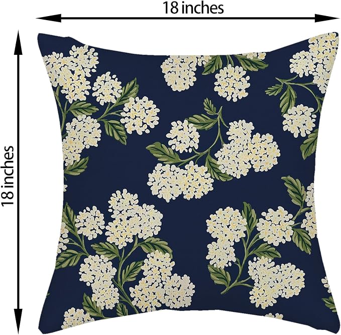Navy Blue Spring Pillow Covers 18x18 Inch 2 Pcs Green Yellow Hydrangea Flower Decor Throw Pillows Vintage Floral Seasonal Summer Outdoor Decoration Pillowcase Linen Cushion Cover for Couch Sofa