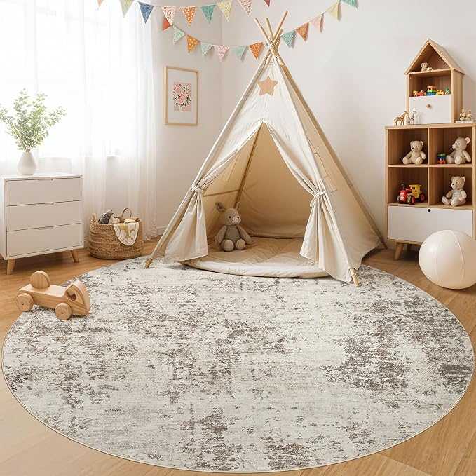 UERMEI 8ft Round Area Rug Living Room Rugs - 8x8 Washable Neutral Modern Abstract Soft Thin Rug Indoor Floor No Slip Rug Carpet for Bedroom Under Dining Table Home Office Decor - Dark Brown