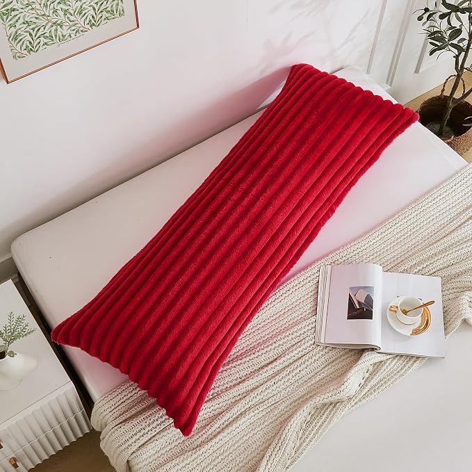 Full Body Pillow with Fluffy Stripe Faux Fur Removable Cover, 7D Fiber Fill, Long Bed Pillow for Adults 20x54 Inches for Side Sleeper and Pregnancy, Burgundy