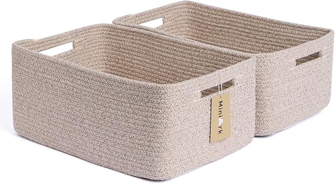 MiniArk Large Storage Baskets for Shelves, 17 x 13 x 7.5” Closet Organizers Bins for Clothes Blanket Towels, Baby Nursery, Toy Baskets Box, Woven Rope Baskets, 2 Packs Mixed Brown