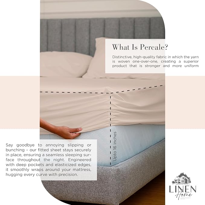 Linen Home 2-Pack Queen Sheet Set, 100% Cotton Percale Bedding, 8-Piece Value Bundle, Deep Pocket Cooling Bed Sheets for Hot Sleepers, Breathable & Crisp Hotel Quality, Long-Staple Cotton, Sand Shell