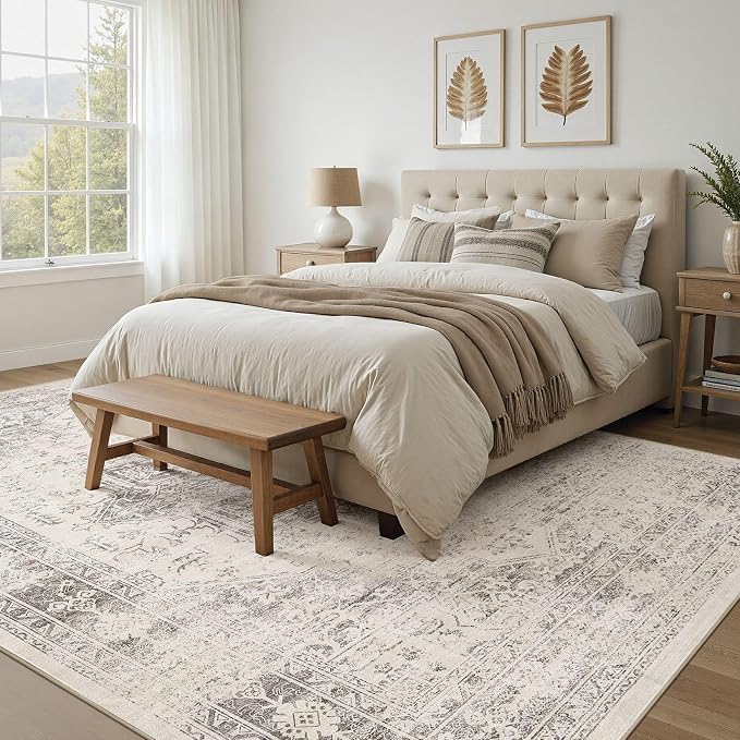 UERMEI 9x12 Area Rug Living Room Rugs - Washable Vintage Soft Large Rug Indoor Floor No Slip Rug Carpet for Bedroom Farmhouse Under Dining Table Home Office Decor - Beige/Camel