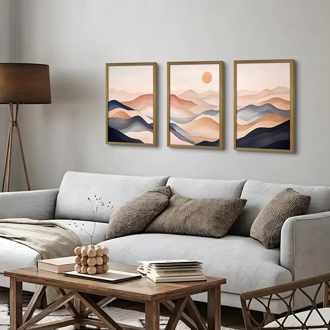 Vintage Abstract Mountain Wall Art Set of 3 Canvas, Neutral Desert Landscape Framed Poster, Retro Boho Painting for Farmhouse Home Decor, Sunrise Nature Print Picture Living Room Bedroom 16x24 Inch