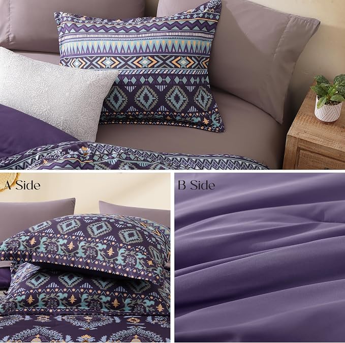 Queen Comforter Set - 7 Pieces Boho Bedding Set Aztec Bed in A Bag | Southwestern Bedding, All Season Tribal Bed Set with Comforter, Sheets, Pillowcases & Shams, Dark Purple
