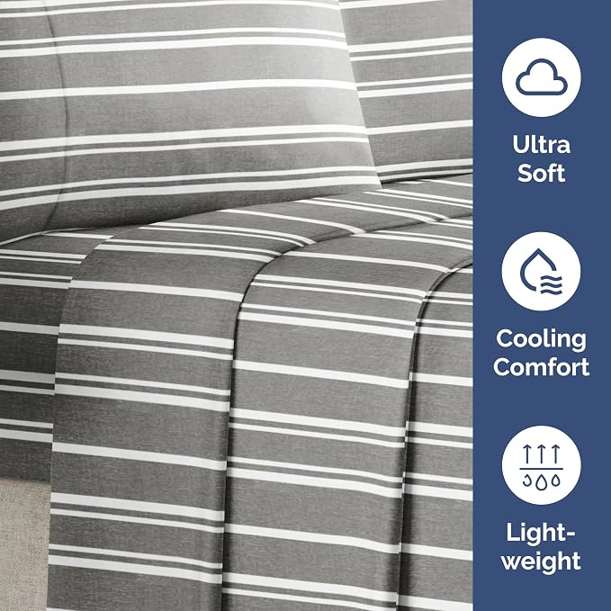 Queen Flat Sheet - Single Top Flat Sheet Only - Cooling - Grey Stripes | Hotel Luxury Top Flat Sheet Only, Ultra-Soft, Breathable & Cooling, Fade & Wrinkle Free, Easy-Care, Stain & Shrink Resistant