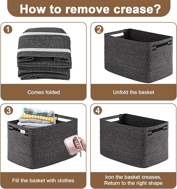 OIASKET 4Packs Natural Cotton Rope Storage Baskets for Organizing Toys, Clothes, Towels & Books, Soft Versatile Organizers for Shelves, Home Decorative Bins, 13''Lx9''Wx7.8''H, Black and White