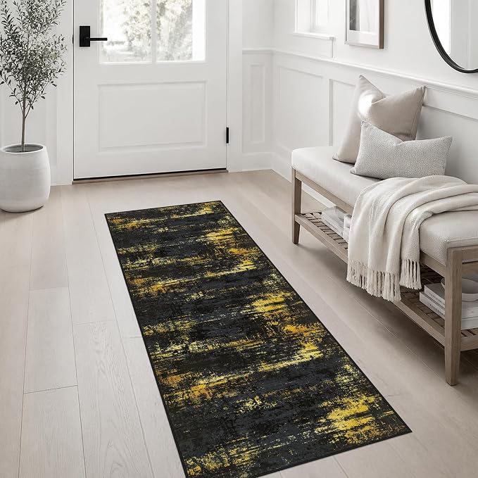 2x5 Washable Runner Rug：Modern Abstract Soft Carpet Black Gold | For Hallway, Bedroom, Kitchen, Laundry, Bathroom,Door Mat,Modern Abstract,Machine washable,Non-Slip,Stain Resistant,Indoor