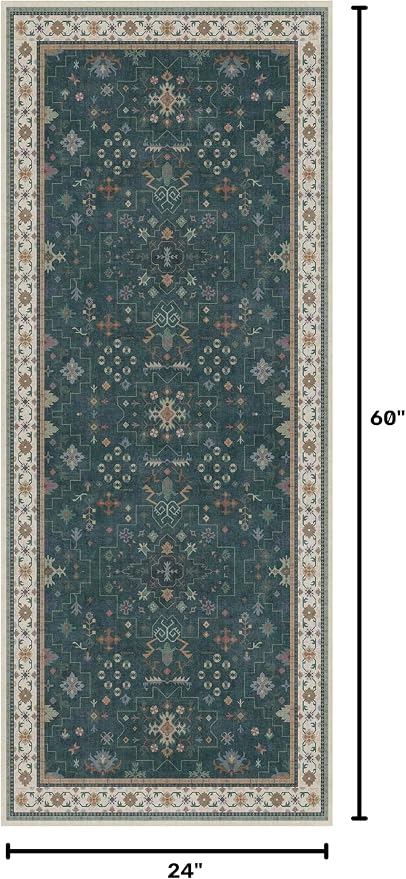Dark Green 2x5 Kitchen Rug - Modern Vintage Boho Eclectic Floral Pastel, Washable Low Pile Non-Slip Small Runner Rugs for Entryway Door Mat Indoor Entrance, Bedroom, Hallway