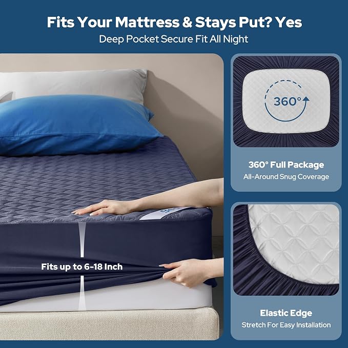 BEDLORE Waterproof King Size Mattress Protector, Deep Pocket Fit, Washable | Soft Noiseless Breathable Bed Mattress Cover Pad, Fits 6-18 Inch Deep Mattresses, Ideal for Home, Bedroom, Hotel, Navy Blue