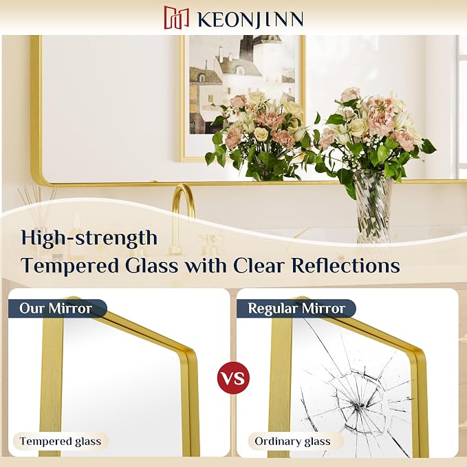 Keonjinn 30 x 30 Inch Brushed Gold Bathroom Mirrors for Over Sink | HD Tempered Glass, Shatter-Resistant, Brass Vanity Mirror, Anti-Rust Aluminum Frame, Rounded Rectangle, French Cleat Mount