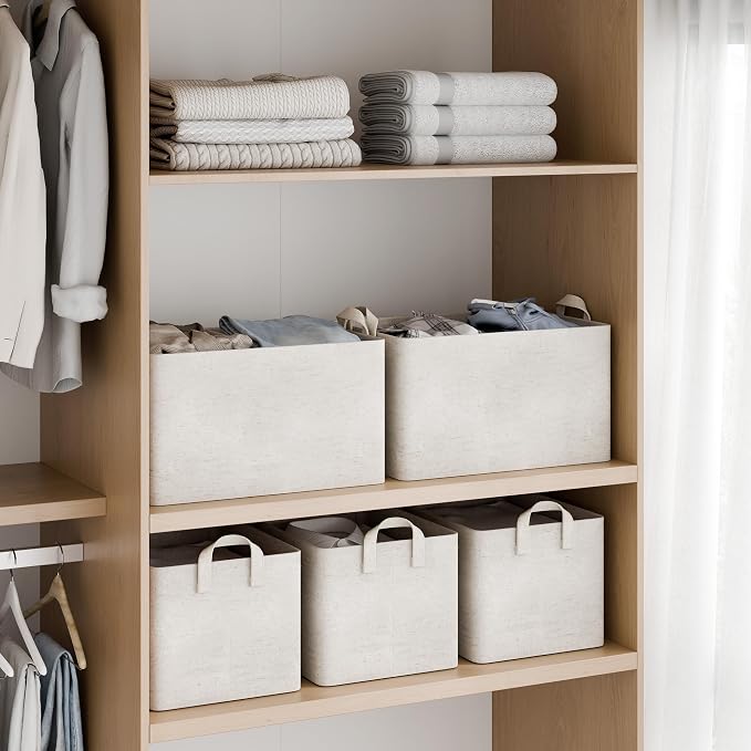 StorageWorks Linen Closet Organizers, Fabric Storage Bin, Beige, 2-Pack | Large, With Reinforced PU Handles, Metal Frame, Collapsible, Basket for Shelves, Closet, Holds Clothes, Towels, Blankets
