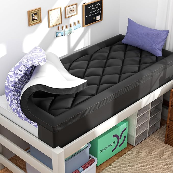 Dorm Room Essentials Dual Layer 4 Inch Memory Foam Mattress Topper Twin XL | 2 Inch Gel Memory Foam and 2 Inch Pillow Top Mattress Pad for Back to School , 7-Zone Egg Crate & 2-in-1 Design (Black-White)