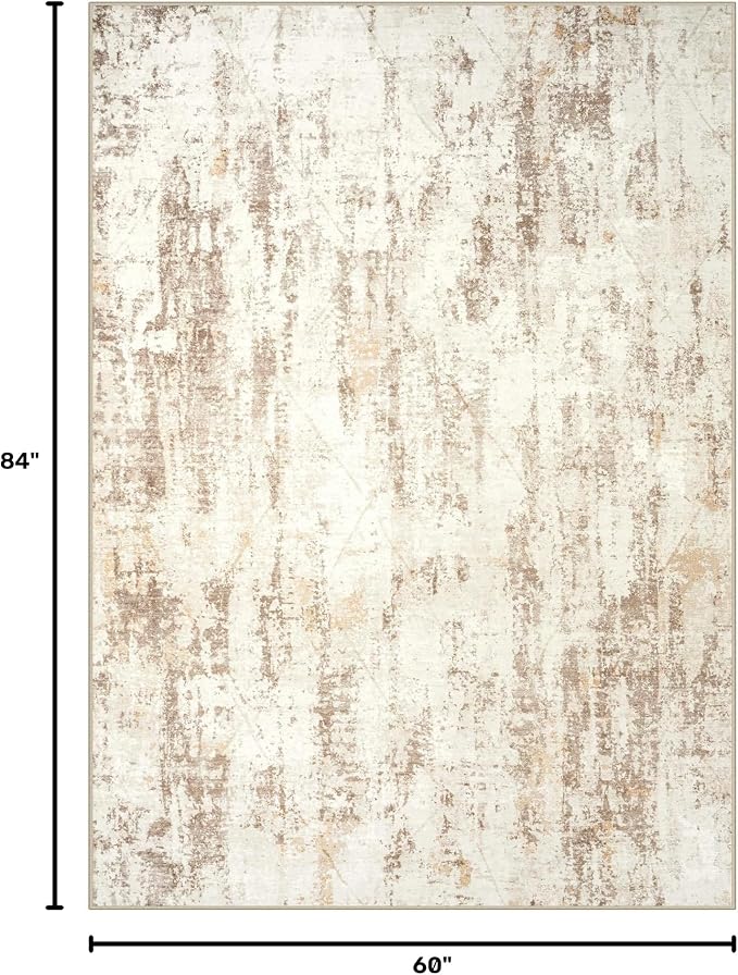 5x7 Area Rugs for Living Room: Washable Abstract Beige Grey Badroom Carpet | Non-slip TPE backing makes this washable soft low-pile rug safe & durable, Pet-friendly decor for dining room,nursery,office