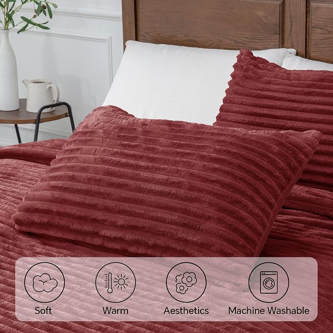 BEDELITE Fleece Full Comforter Set, Fluffy Bed Set, Burgundy | Super Soft & Warm Bedding, Luxury Fuzzy Faux Fur Comforter for Winter, Heavy Plush Bedding, with 2 Pillowcases