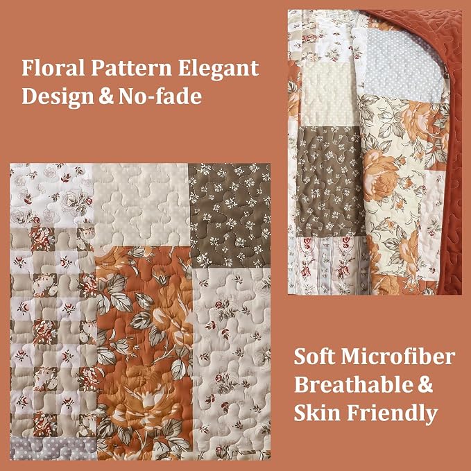 Floral Patchwork Quilt Set King Size, Terracotta Fall Bedspread Coverlet | Autumn Farmhouse Plaid Bedding Set 3 Pcs, Soft Lightweight Bed Cover for All Season, 110''x90''