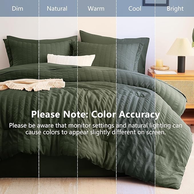 Queen Comforter Set, 7 Pieces Dark Green Seersucker Bed in a Bag | OEKO-TEX Certified, All Season Bedding Set with 240 GSM Down Alternative Comforter, Flat & Fitted Sheets, Pillowcases & Shams