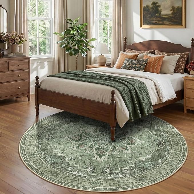 RELEANY Washable Area Rug, Round 8ft, Green/Dark Green/Gray | Non-Slip, Water Repellent, Pet Friendly, Easy to Clean, Vintage Floral Boho Decor for Living Room Bedroom Dining Room