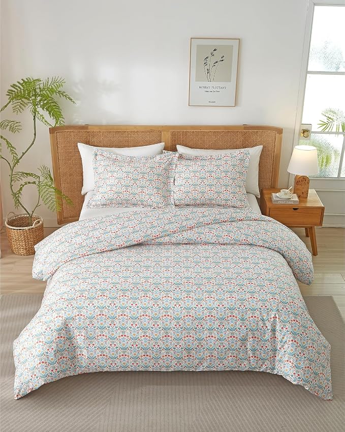 Duvet Cover Full Size - Floral Duvet Cover - 3 Piece - Amalfi Blooms | Soft Floral Duvet Cover 80 x 90 with 2 Pillow Shams, Zipper Closures & Ties, Floral Bedding for Women, Men, Kids & Teens